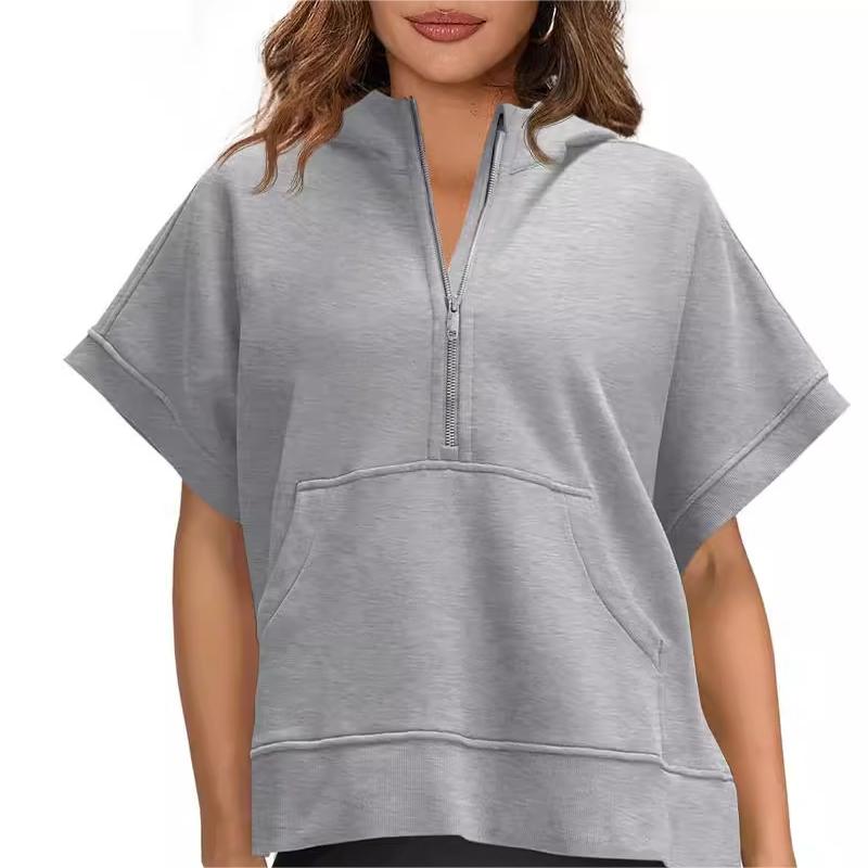 Oversized Casual Half Zip Short Sleeve Pullover Tops with Pockets