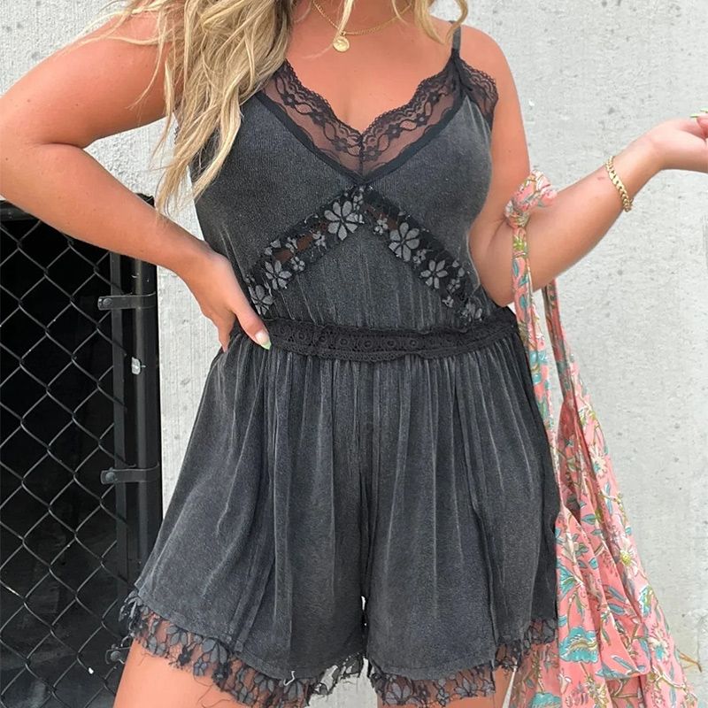 Women's Sexy Jumpsuit Shorts with Lace Trim and V-neckline