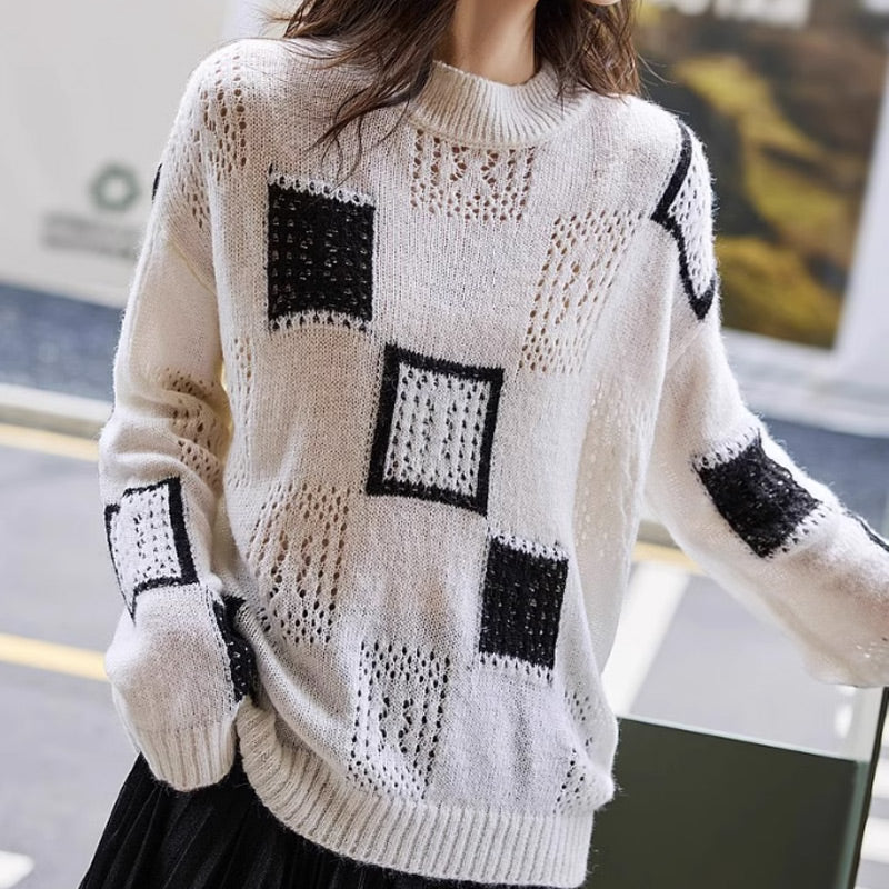 Women's Color Block Plaid Print Knitted Pullover Sweaters