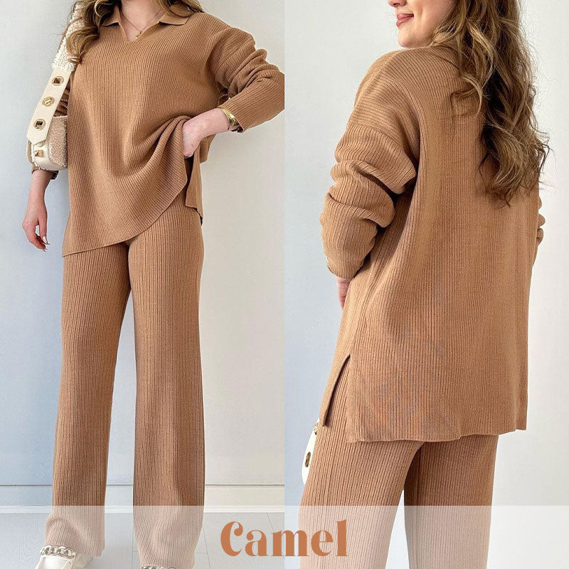 V-Neck Casual Slit Knitted Two-Piece Set