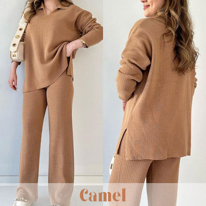 V-Neck Casual Slit Knitted Two-Piece Set