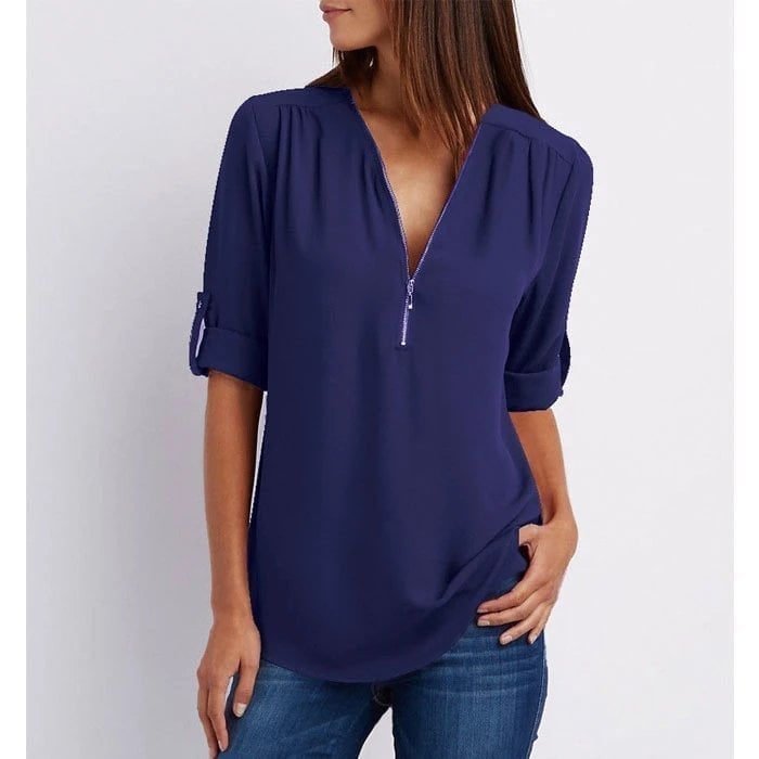 🔥2024 Summer New Arrivals🎉Plus Size Loose  3/4 Sleeve Zipper Blouse