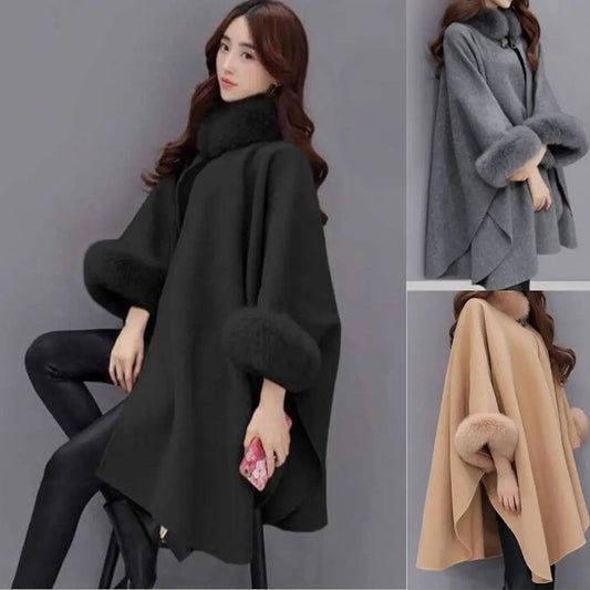 [Best Gift for Her] Elegant Solid Color Faux Fur Collar Loose Poncho Coat