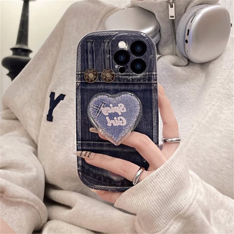 Printed Denim Shockproof Case With Heart Popsocket