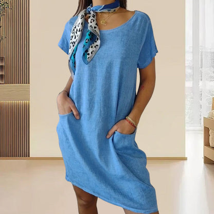 Women's Cotton and Linen Round Neck Dress