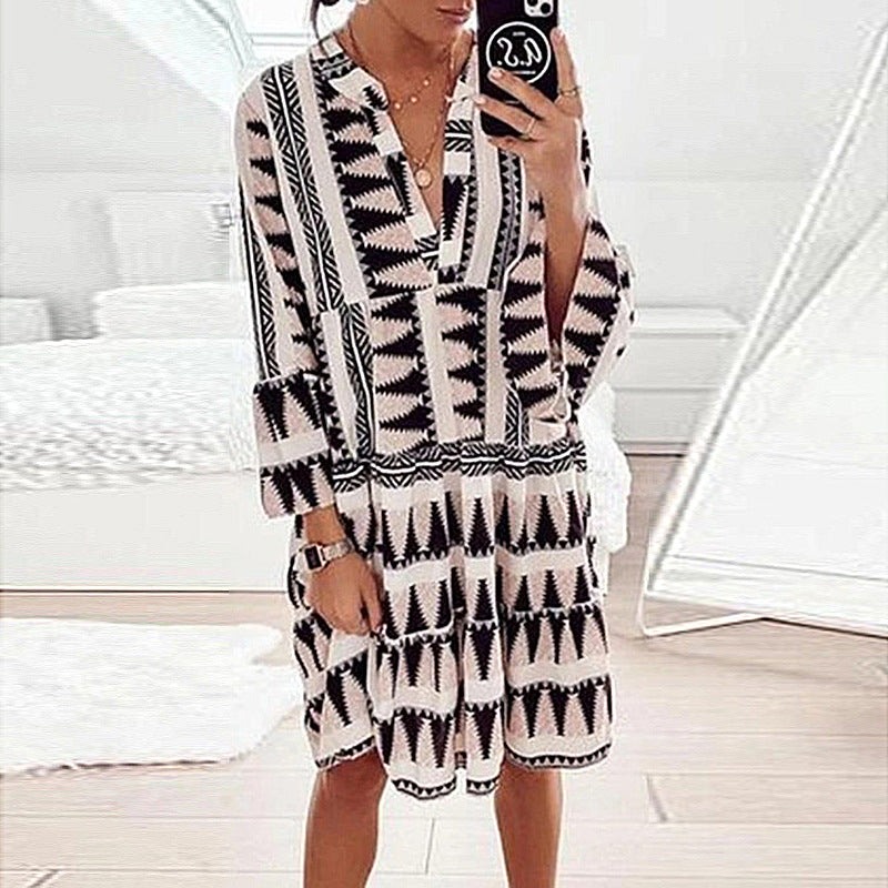 Printed Long-sleeved Loose V-neck Patchwork Dress