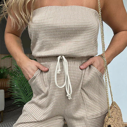 Summer Simple Striped Strapless Wide-Leg Jumpsuit