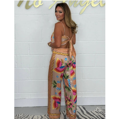 Spaghetti Strap Printed Top & Loose Women's Pants 2-Piece Set