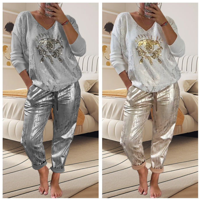 🌷💝Devil's Eye Gold Foil Top and Sequin Pants Set