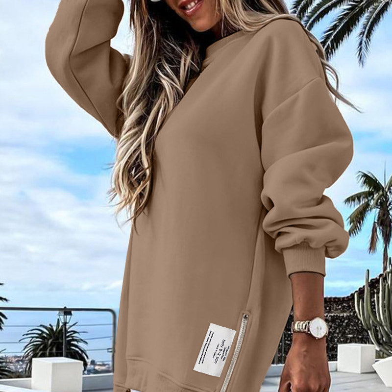 Long Sleeve Pullover Zipper Slit Casual Sweatshirt Dress