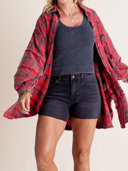 Women's Mineral Washed Button Down Plaid Shirt