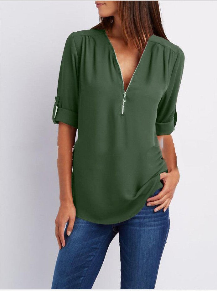 🔥2024 Summer New Arrivals🎉Plus Size Loose  3/4 Sleeve Zipper Blouse