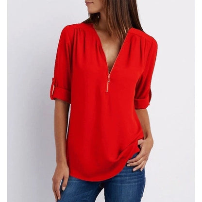 🔥2024 Summer New Arrivals🎉Plus Size Loose  3/4 Sleeve Zipper Blouse