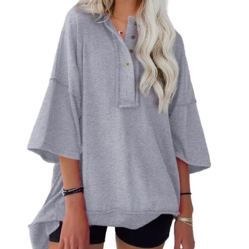 Solid Color Loose Fit Casual Half-Button Top