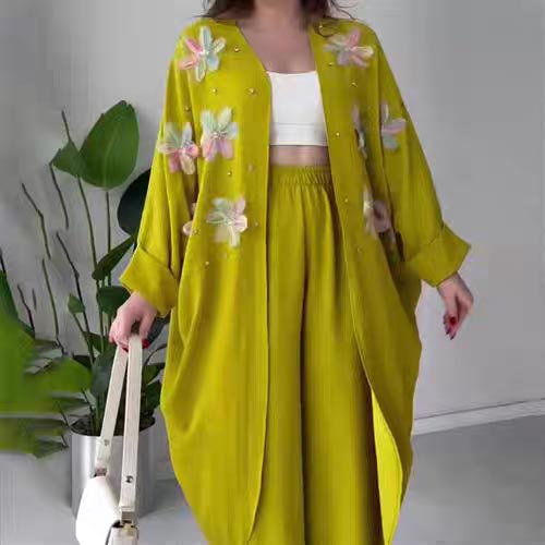 Women’s Casual Delicate Flower Long Cardigan and Pants Set