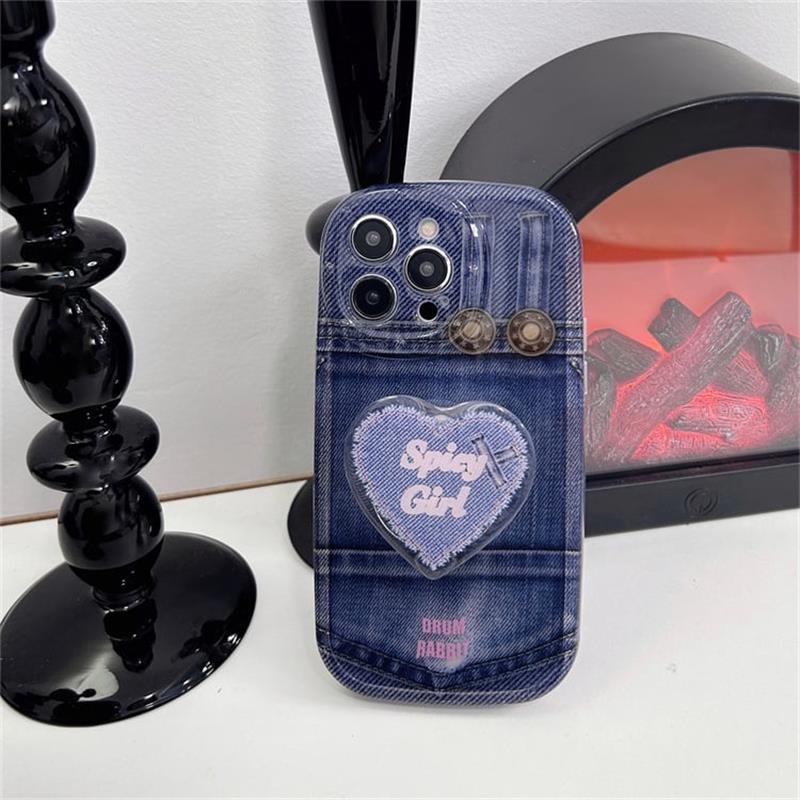 Printed Denim Shockproof Case With Heart Popsocket