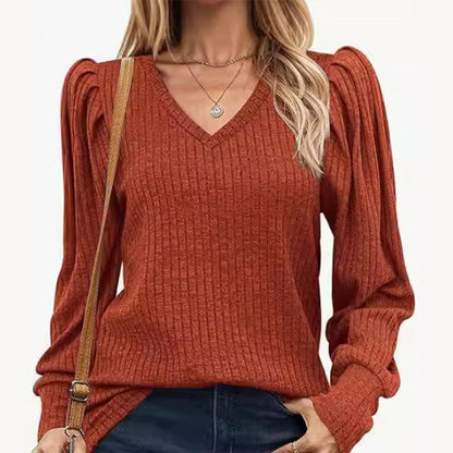 Women's V-Neck Pleated Sleeve Casual Top