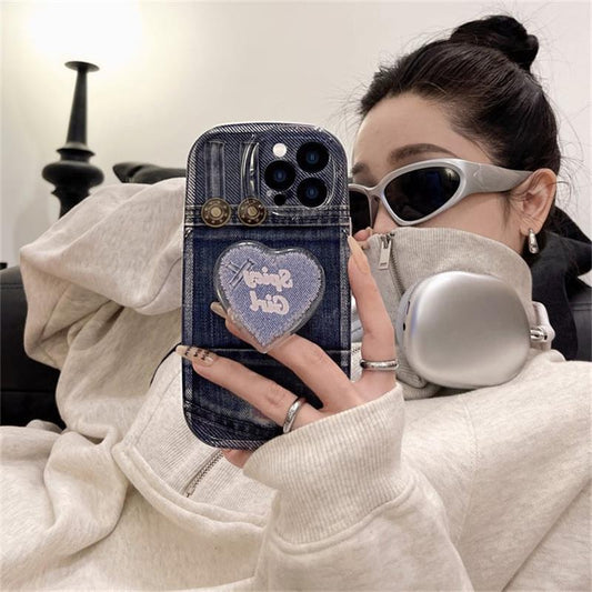 Printed Denim Shockproof Case With Heart Popsocket