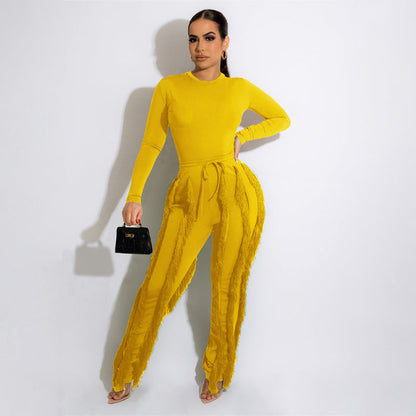 Women 2 Piece Casual Long Sleeve High Waist Tassel Fringe Outfits Jumpsuit Set