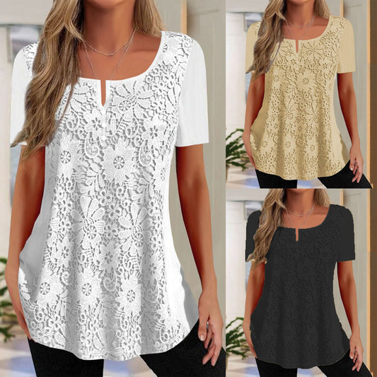 Women's V Neck Lace Short Sleeve Casual Shirt