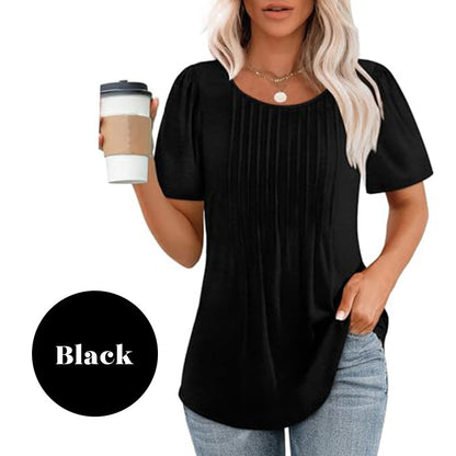 Women's Summer Round Neck Short Sleeve Pleated T-Shirt