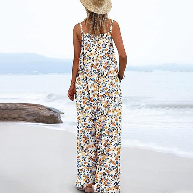 Women's Summer Bohemian Wide Leg Jumpsuit with Pockets