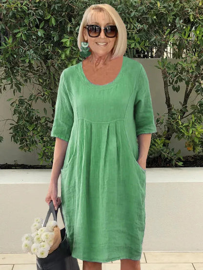 🔥2024 Hot Sale💃Solid Color Cotton Linen Pockets Tunic Midi Dress
