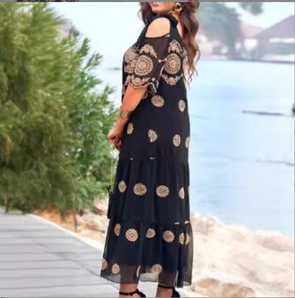 【S-4XL】🥰 Summer Hollow Dress Short Sleeve Loose Printed Long Skirt
