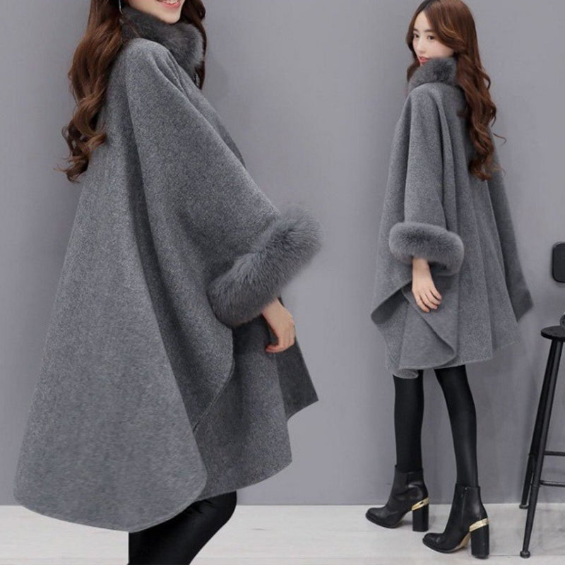 [Best Gift for Her] Elegant Solid Color Faux Fur Collar Loose Poncho Coat