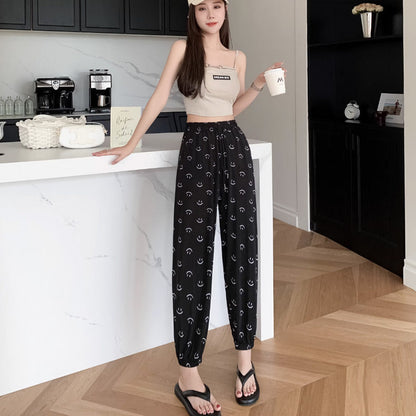 Smile Face Print Casual Ice Silk Pants with Pockets