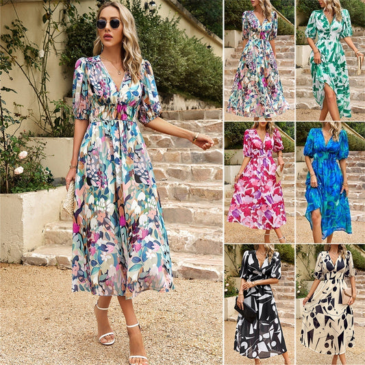 Elegant Waist V-neck Floral Printed Dress
