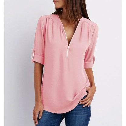 🔥2024 Summer New Arrivals🎉Plus Size Loose  3/4 Sleeve Zipper Blouse