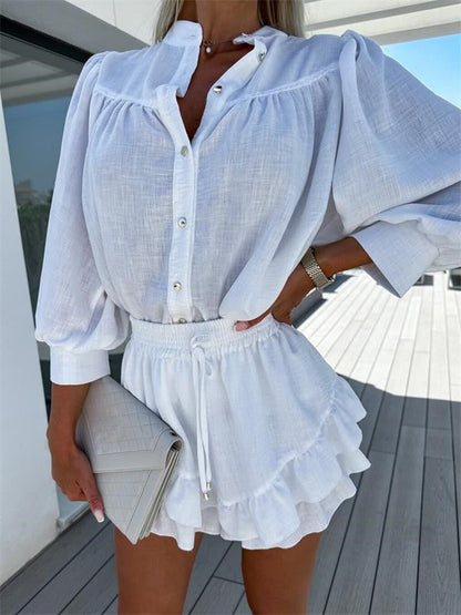 Cotton Linen Shirt Skirt Set