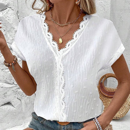 Elegant White Lace V-Neck Short Sleeve Top