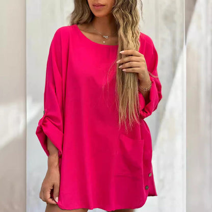 Women's Solid Color Loose Tops with Roll-Up Sleeves