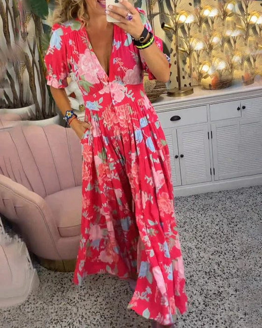 （🔥Spring sales🔥 Free Shipping) Cozy V-neck Floral Long Dress With Pockets