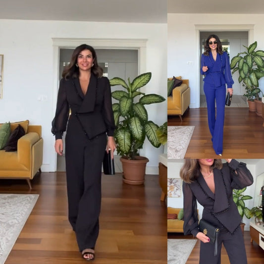 Women's Mesh Beaded Top & Wide-Leg Pants Set