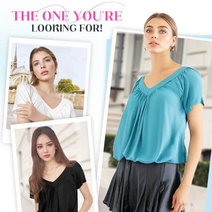 Women's Casual Pleated V-Neck Short-Sleeve Top