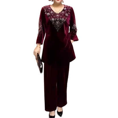 Women's Velvet Rhinestone Top & Pants Set