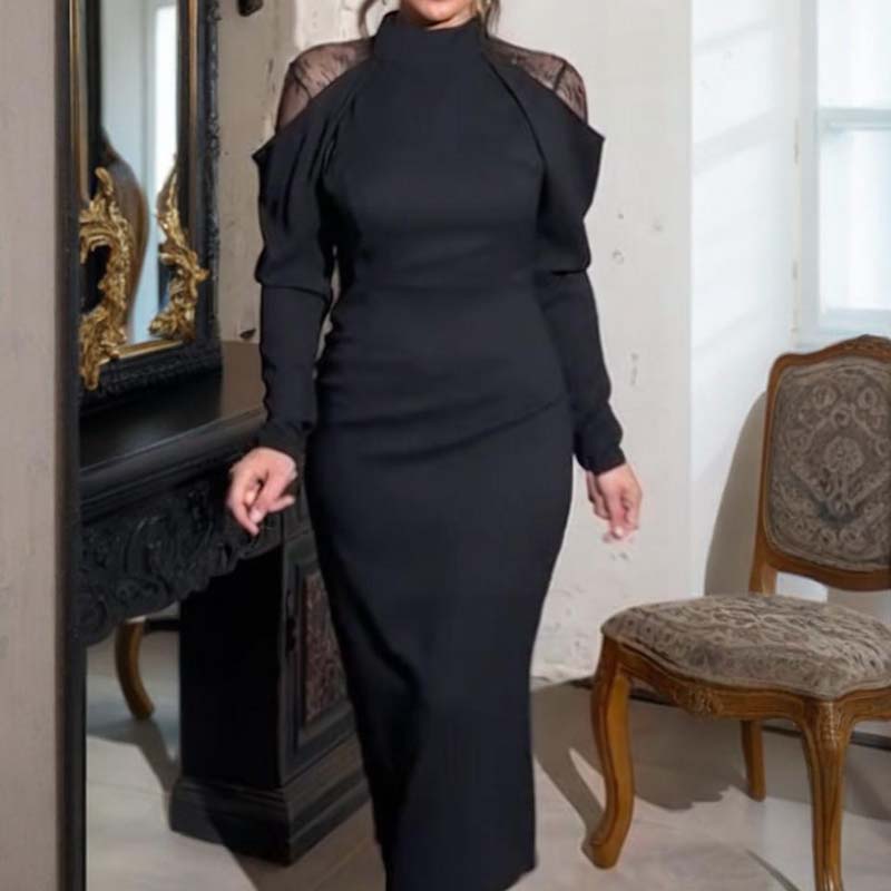 🖤 Women's Elegant Mock Neck Lace Back Midi Dress