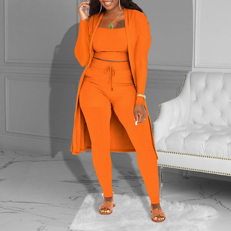 Casual 3-Piece Knit Set – Cropped Top, Cardigan & Pants