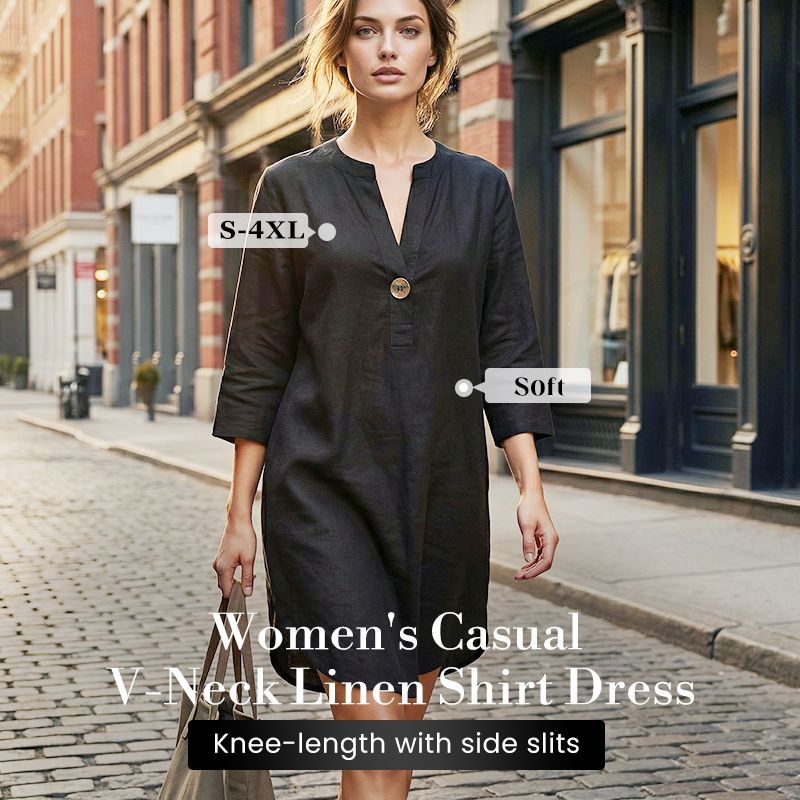 Women's Casual V-Neck Linen Shirt Dress