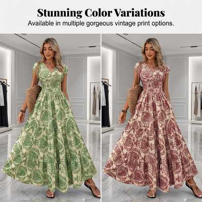 👗 Women's V-Neck Floral Smocked Maxi Dress – Elegant, Bohemian, Lightweight 🦋