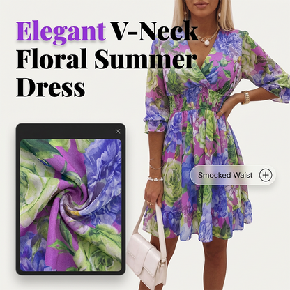 Floral V-Neck A-Line Dress – Smocked Waist, Ruffled Hem, Summer Ready 🌸