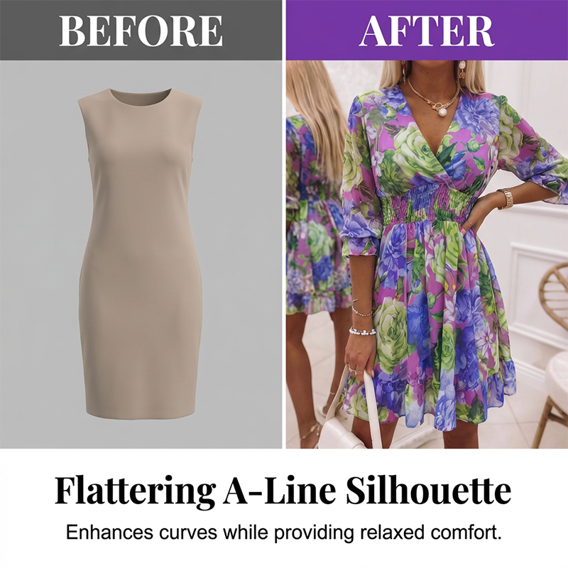 Floral V-Neck A-Line Dress – Smocked Waist, Ruffled Hem, Summer Ready 🌸