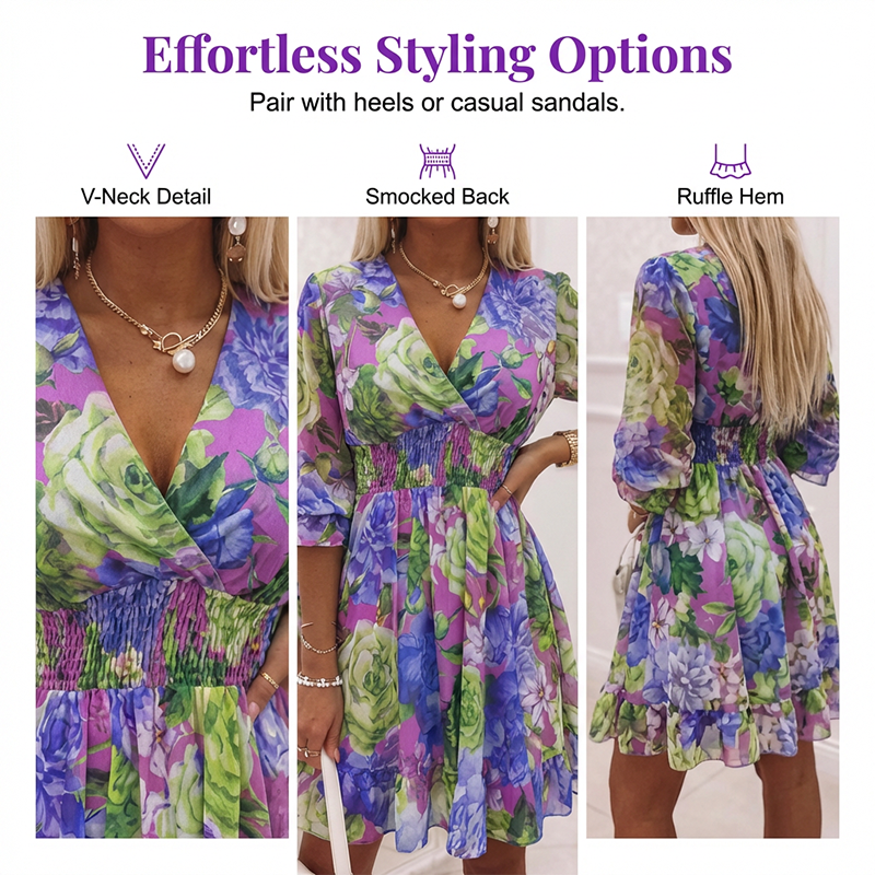 Floral V-Neck A-Line Dress – Smocked Waist, Ruffled Hem, Summer Ready 🌸