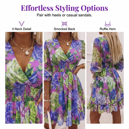 Floral V-Neck A-Line Dress – Smocked Waist, Ruffled Hem, Summer Ready 🌸