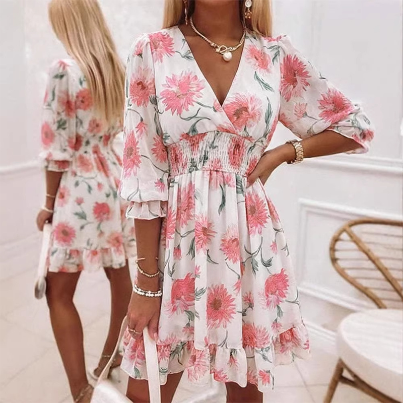 Floral V-Neck A-Line Dress – Smocked Waist, Ruffled Hem, Summer Ready 🌸
