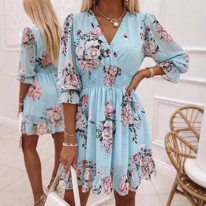 Floral V-Neck A-Line Dress – Smocked Waist, Ruffled Hem, Summer Ready 🌸