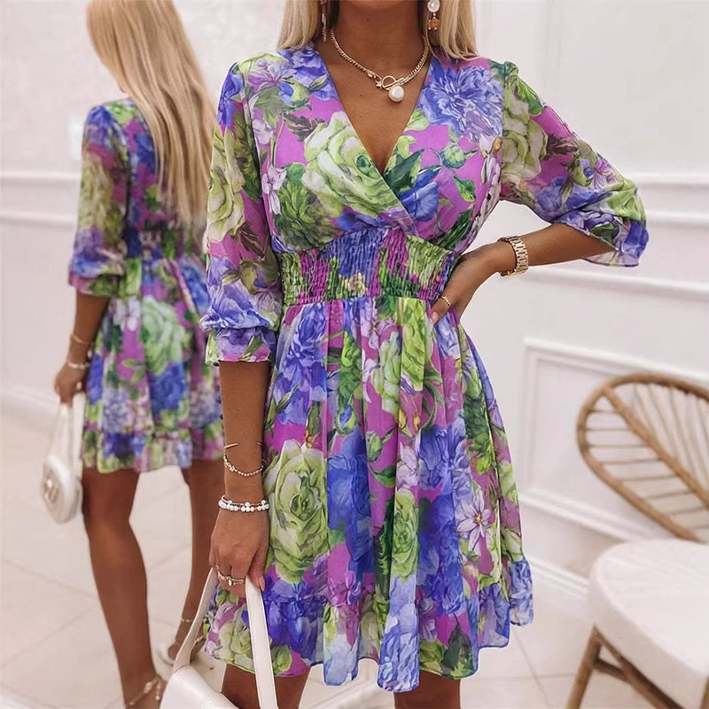 Floral V-Neck A-Line Dress – Smocked Waist, Ruffled Hem, Summer Ready 🌸